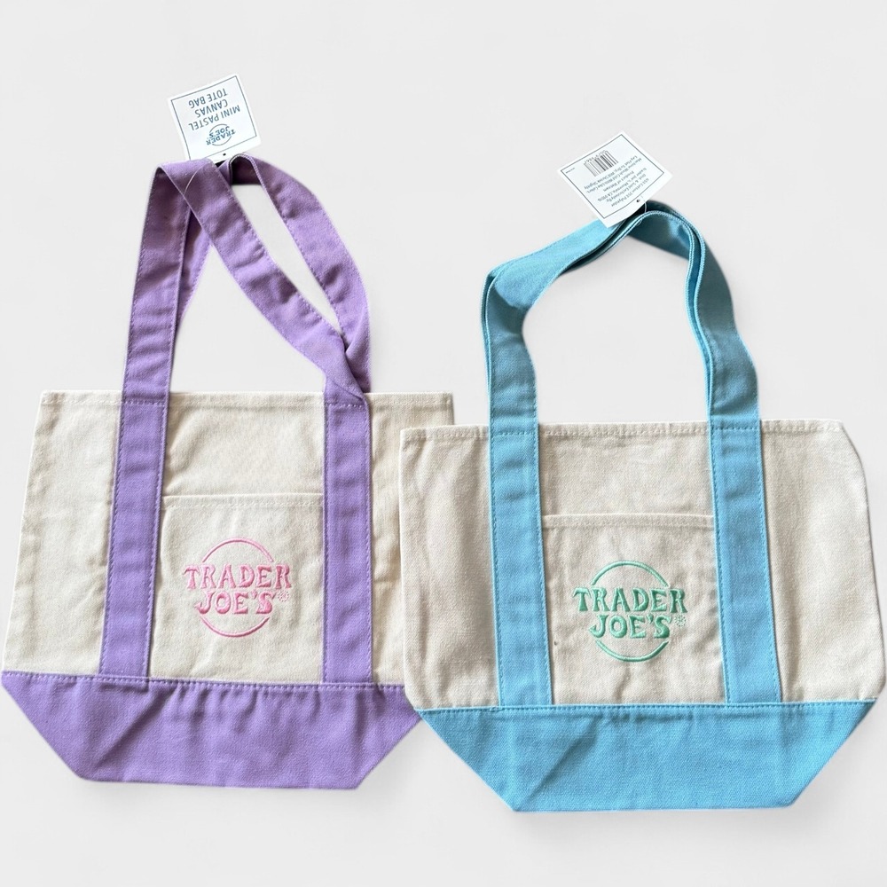 2 TRADER JOE'S PASTEL MINI TOTE BAGS 1 Set of 2 COLORS New w Tags